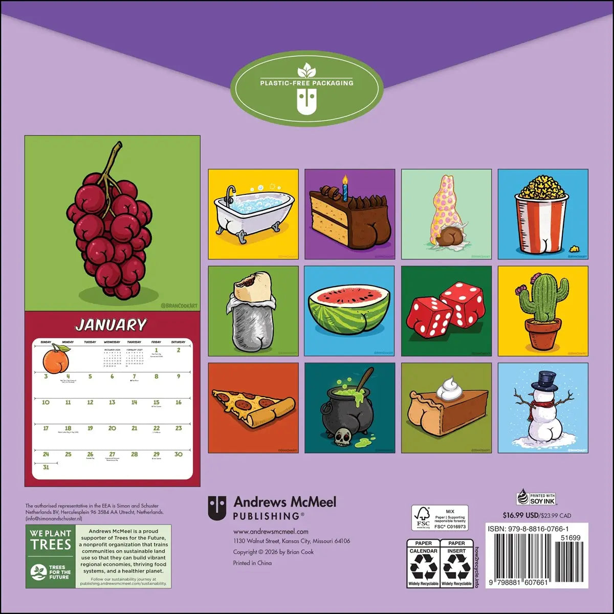 Calendar with colorful illustrations on a purple background, featuring Andrews McMeel Publishing.