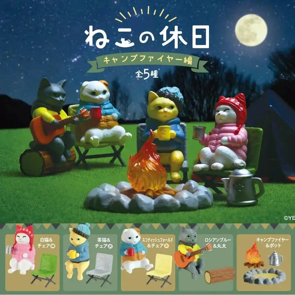 cartoon cats around a campfire with camping gear on a starry night background.
