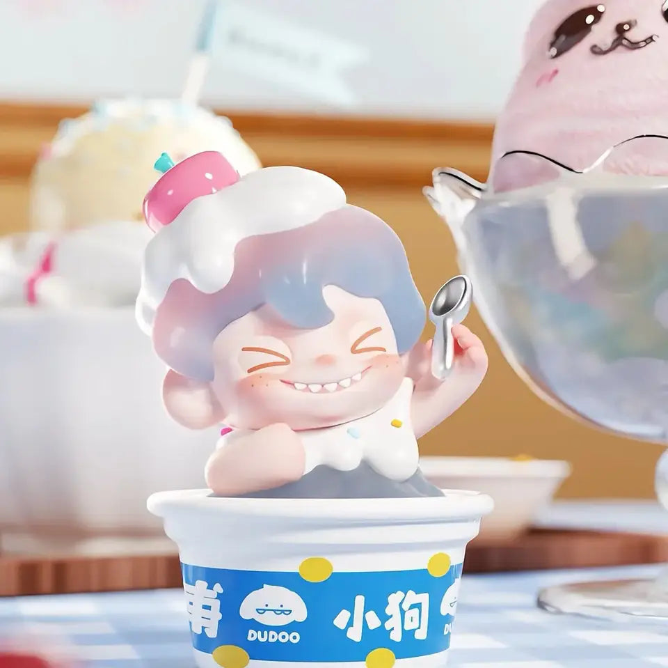 Cute cartoon character in a ice cream container with a spoon, surrounded by ice cream-themed decor.