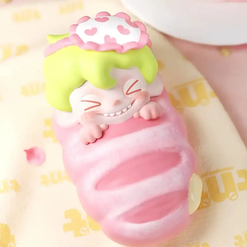 Cute character with green hair and pink body on a soft pink background