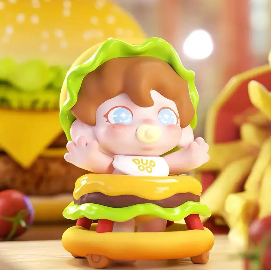 Toy figure of a character inside a hamburger with a blurred background
