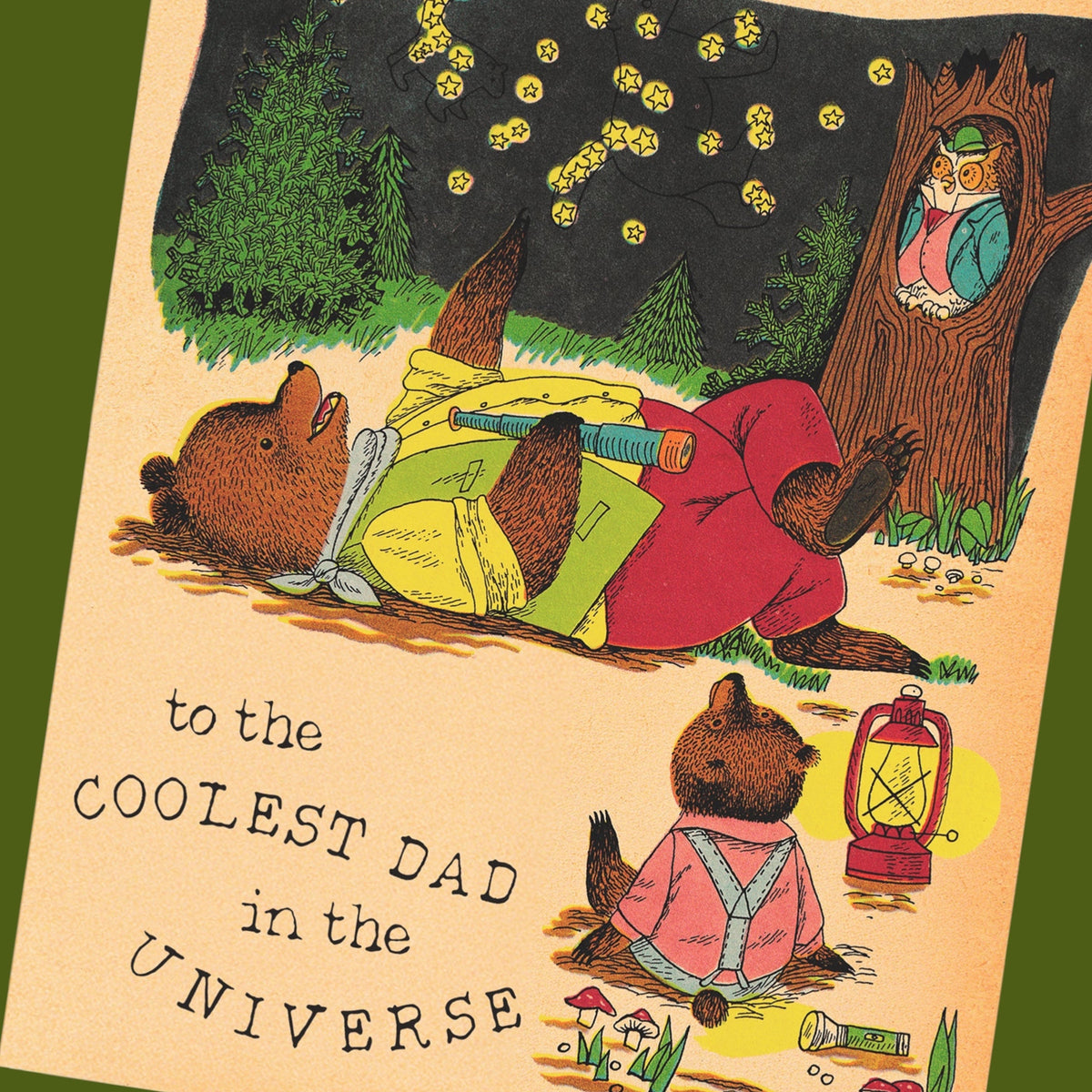 Illustration of a family of bears in a forest with text 'to the COOLEST DAD in the UNIVERSE'.