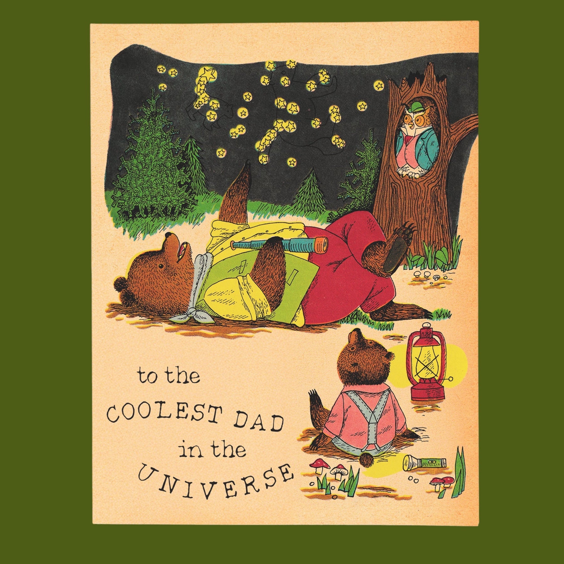 Illustration of a bear family in a forest with text 'to the COOLEST DAD in the UNIVERSE'.