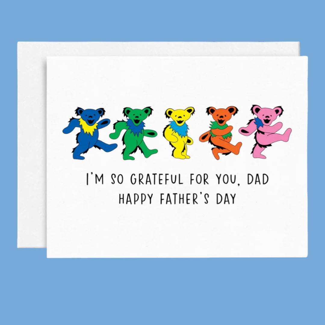 Father's Day card with colorful grateful dead bears and text on a blue background