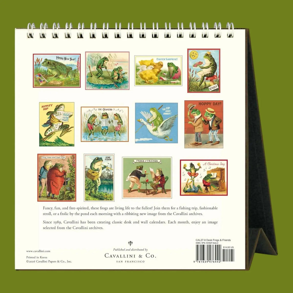 The back cover of a spiral-bound 12-month calendar, displayed against a solid olive green background. The calendar features colorful vintage-style frog-themed illustrations and text from 'Cavalini & Co.