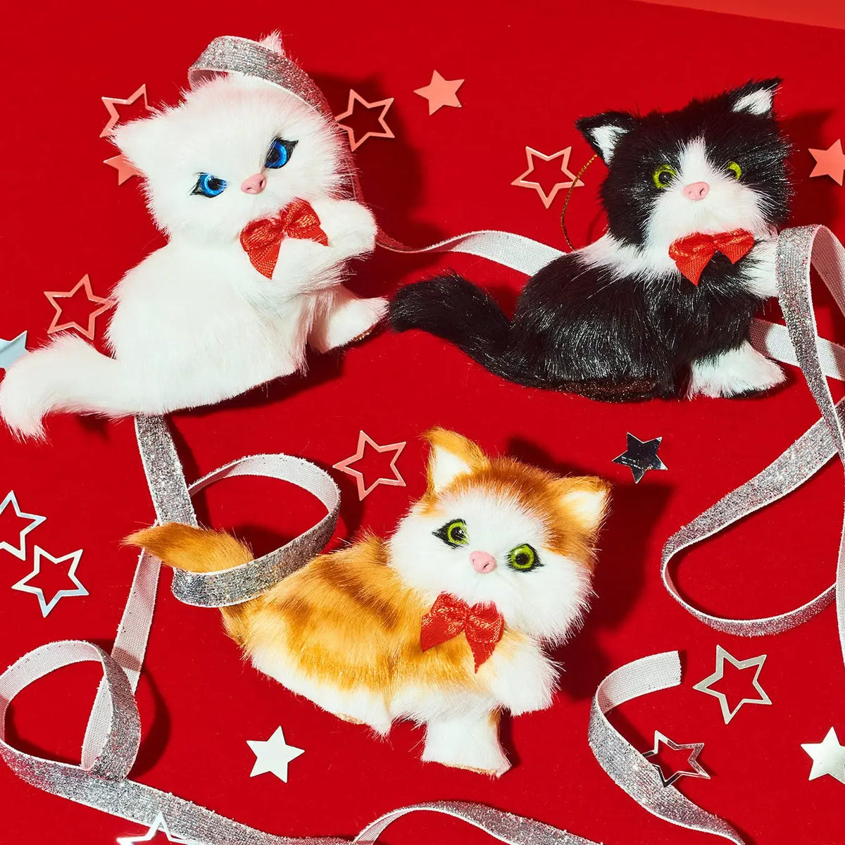 Furry Sitting Cat Ornament Asst with Bow | Christmas