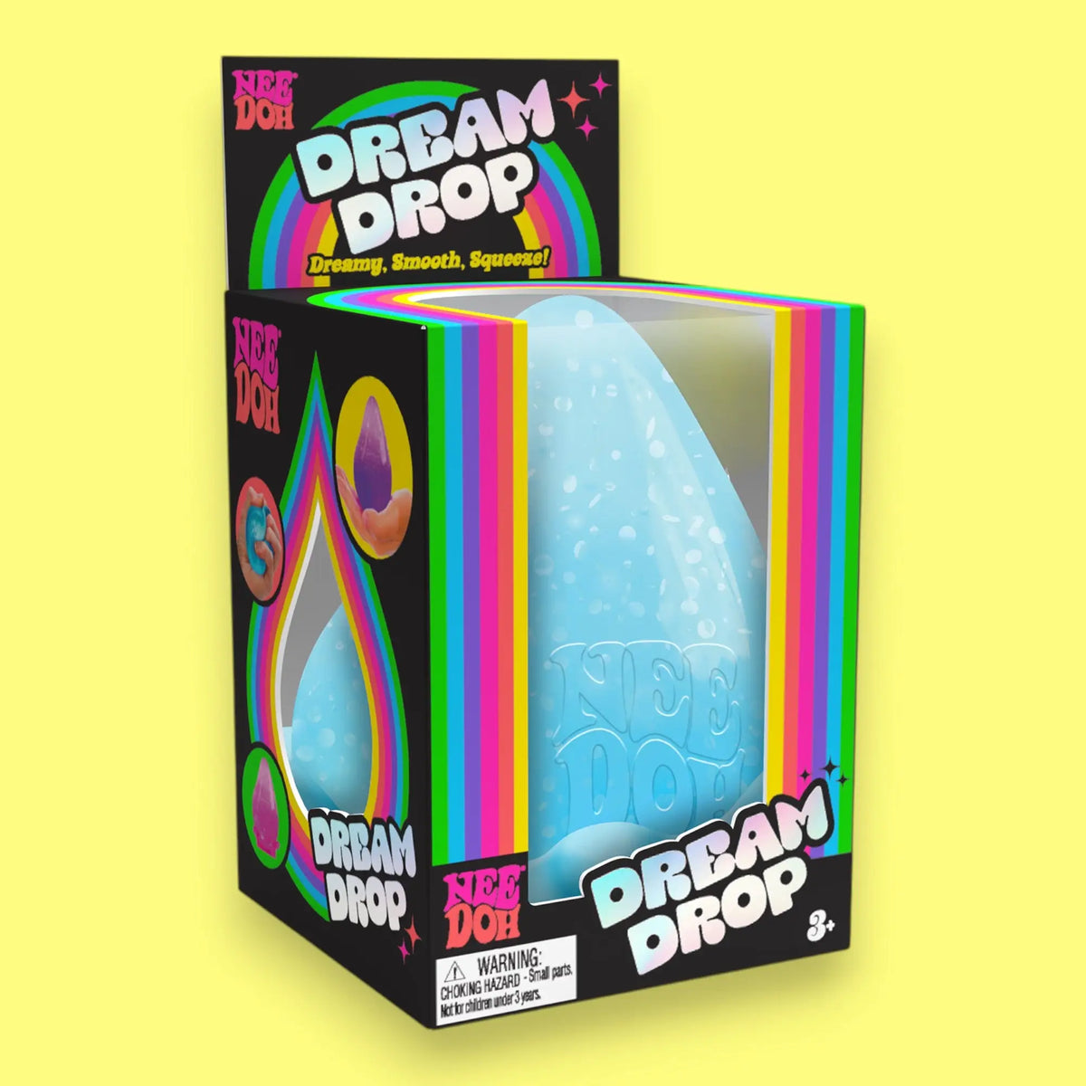 Dream Drop product packaging with colorful design on a yellow background