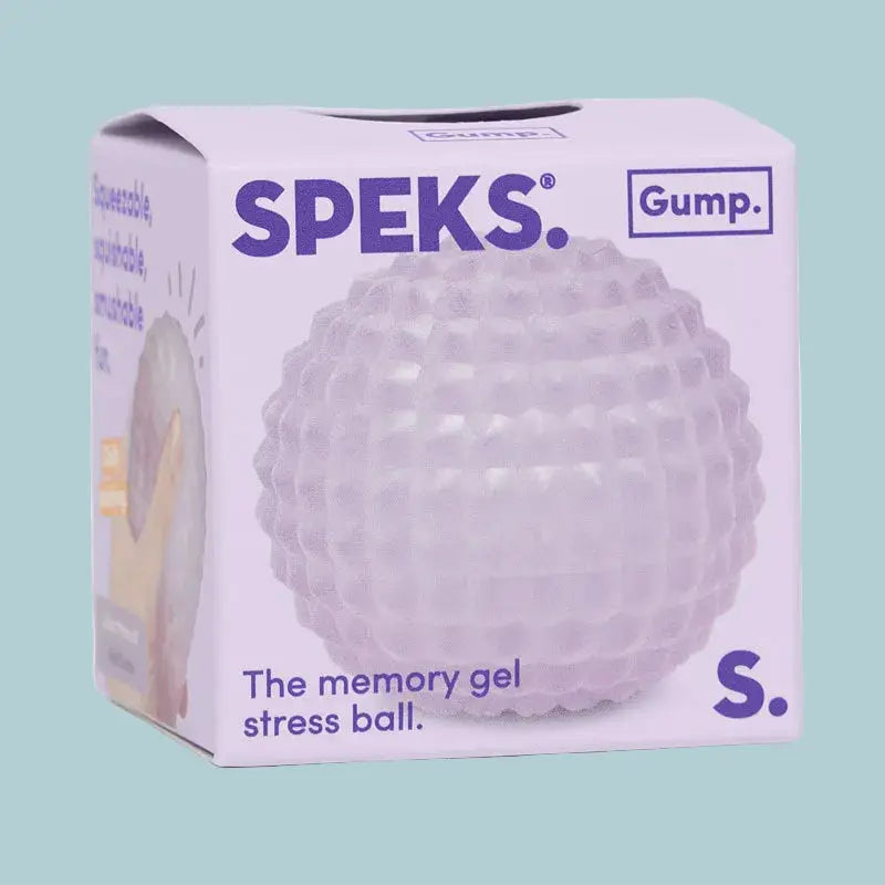 Purple packaging of a stress ball with 'Speks' branding on a white background