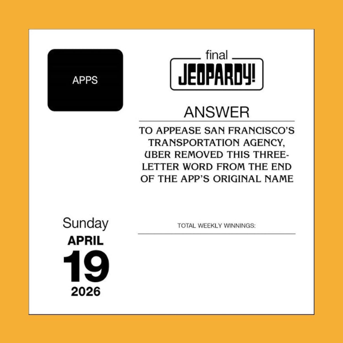 Jeopardy! 2026 Day to Calendar Calendar Calendar26 Desk