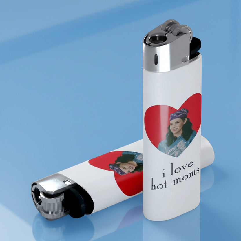Lighter with a design featuring a heart and text on a blue background. Text says "I love hot moms"