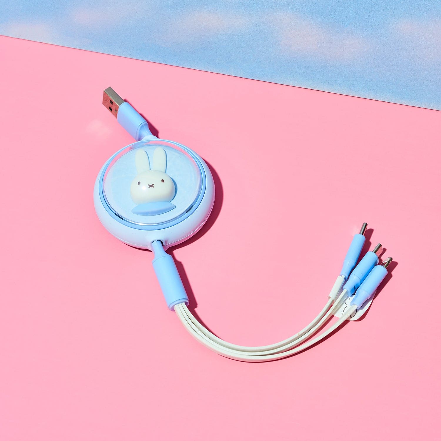 Retractable cable with cartoon character on a pink and blue background