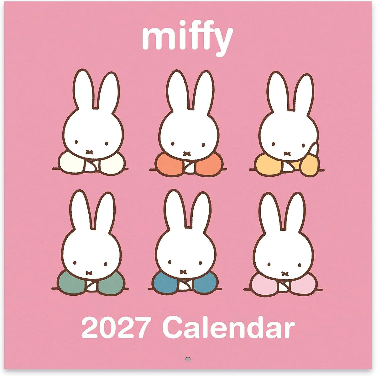 A pink 2027 Miffy calendar cover featuring six cartoon rabbit illustrations with the text 'miffy' at the top and '2027 Calendar' at the bottom.