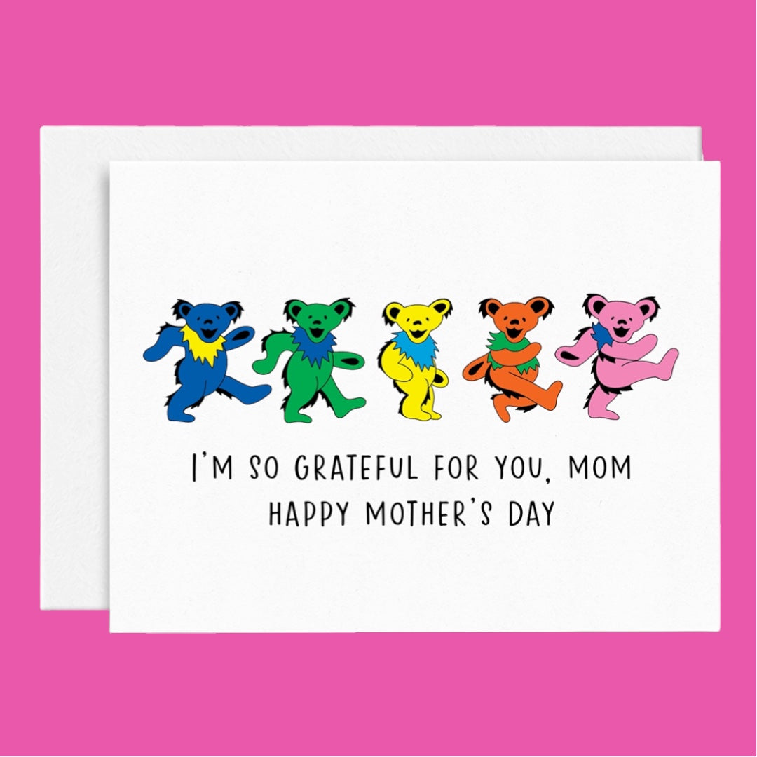 Mother's Day card with colorful grateful bears and text on a pink background