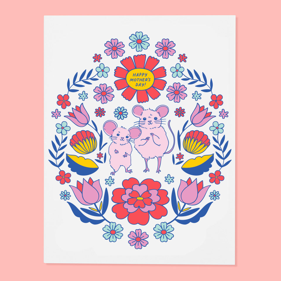 Illustration of two pink mice with flowers on a white background and the word's Happy Mother's Day! above them