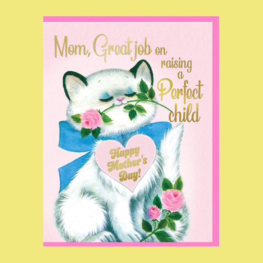 Vintage-style Mother's Day card with a cat holding flowers and a heart, on a yellow background.