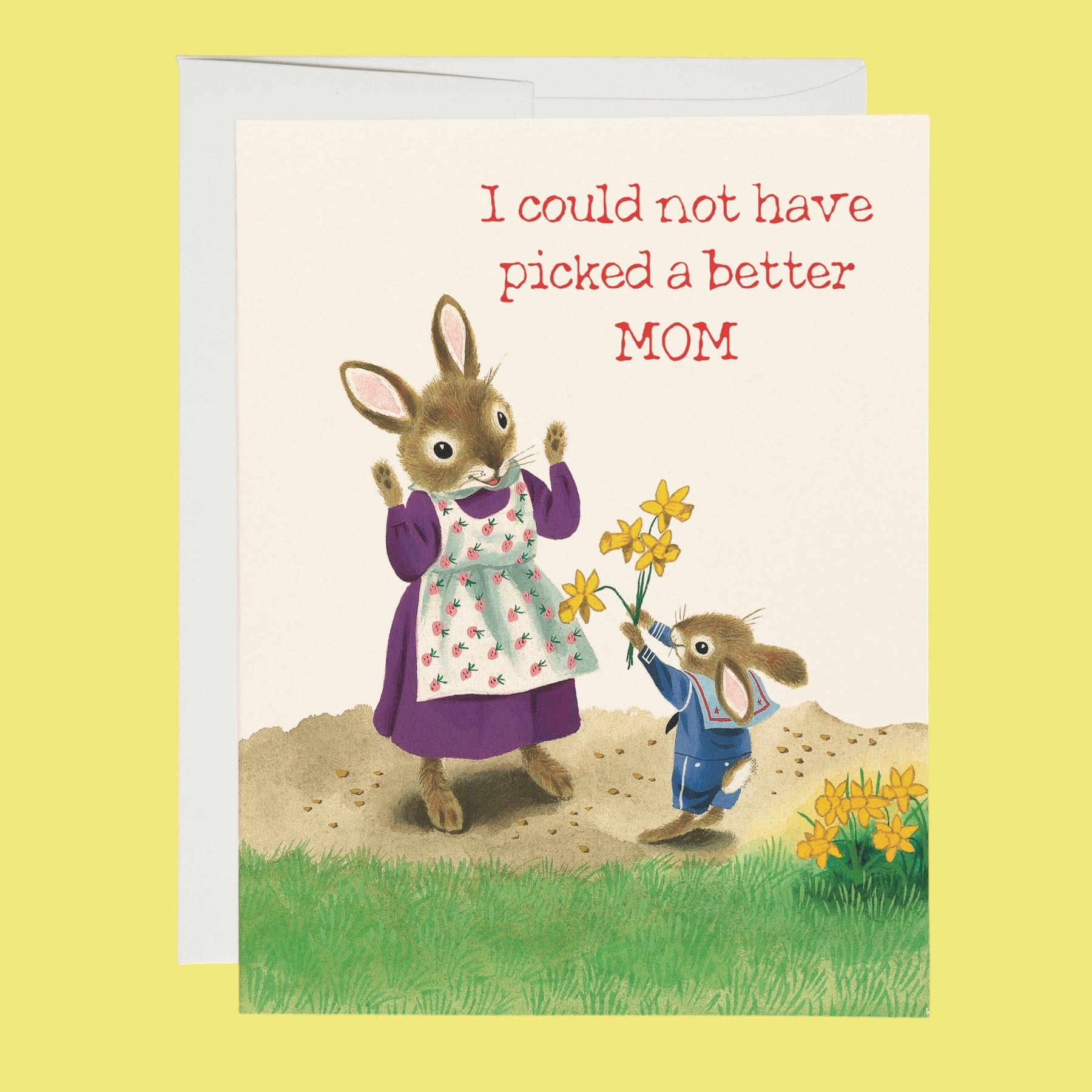 Greeting card with illustration of a mother rabbit and her baby on a yellow background. The child is giving the mother daffodils