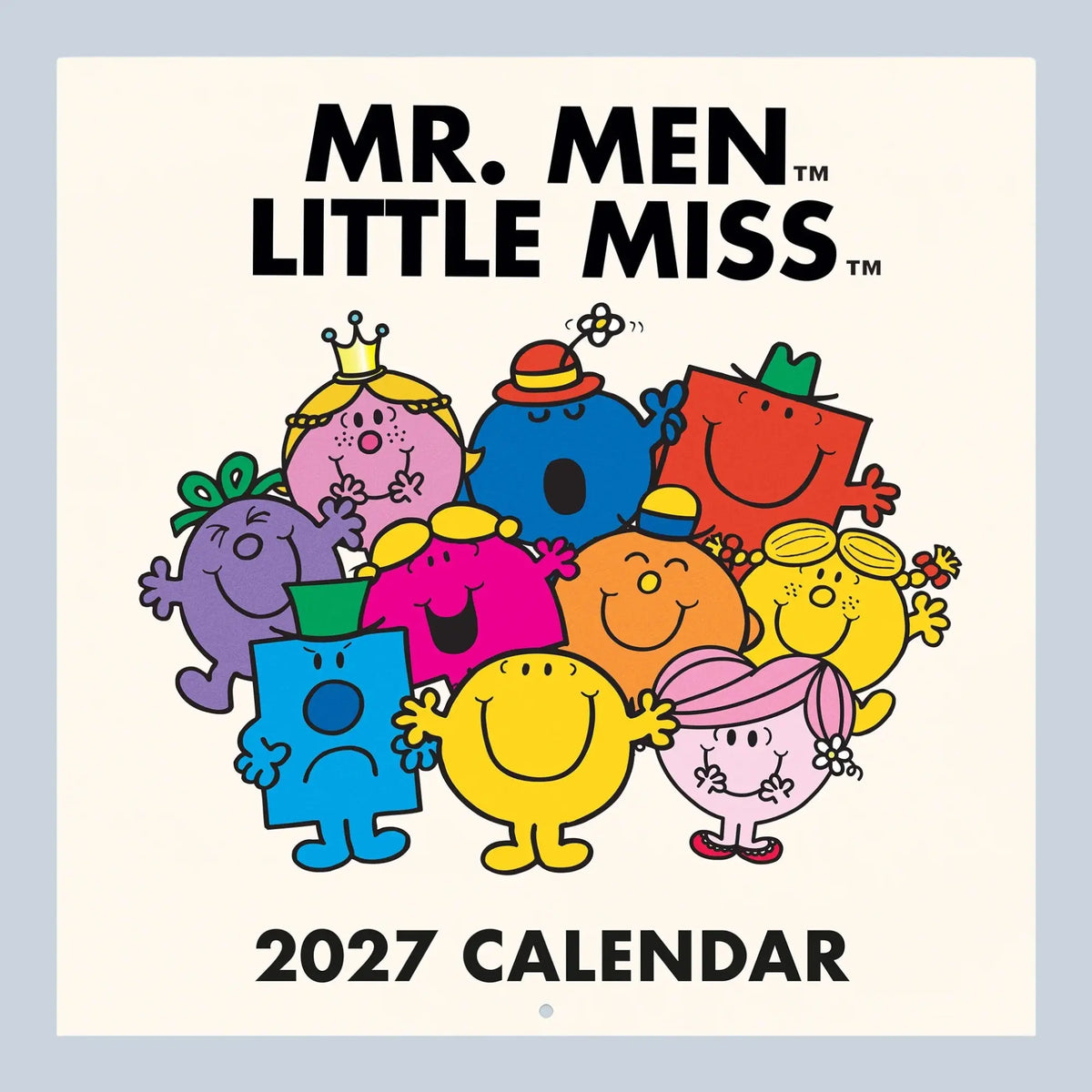 A 2027 Mr. Men and Little Miss calendar cover featuring the brand title at the top and a group of colorful cartoon characters clustered in the center.