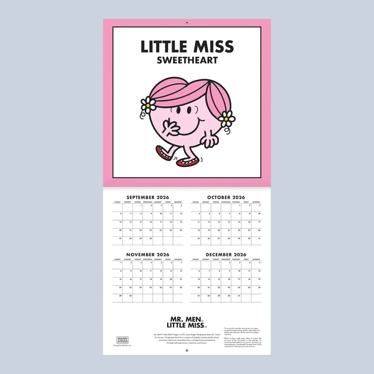 A single hanging desk calendar page featuring the Little Miss character. The top section has a pink border and shows the text 'LITTLE MISS SWEETHEART' above a cartoon illustration of the character.