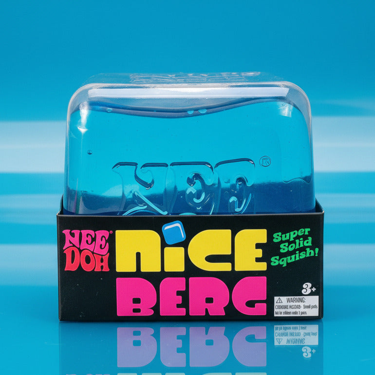 Blue gummy candy in packaging with colorful text on a light blue background