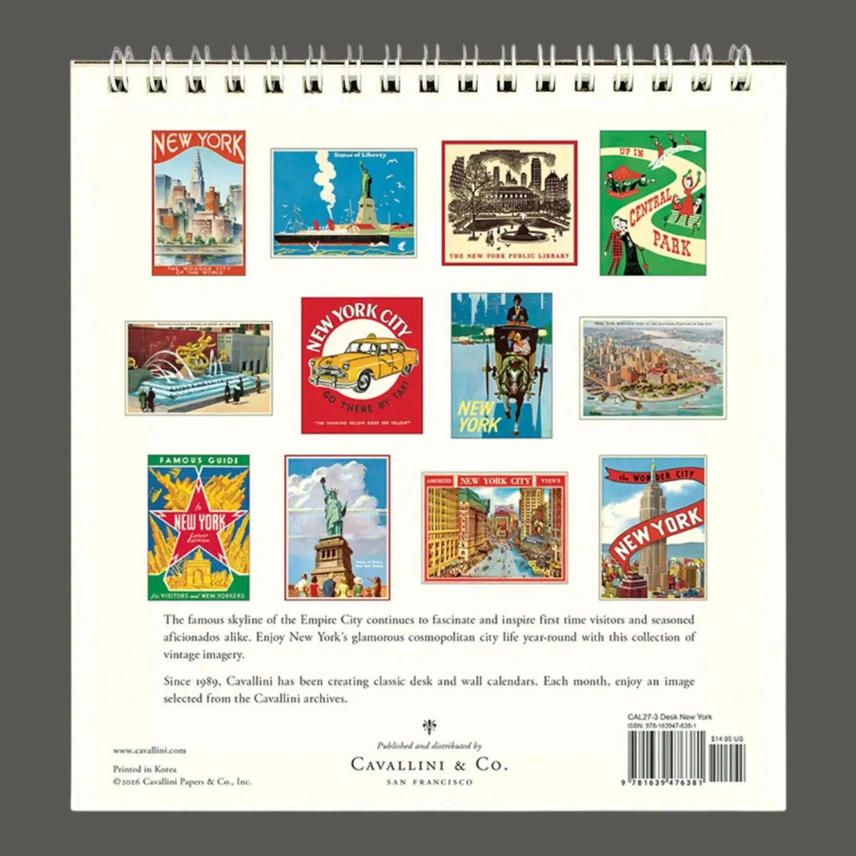 Back cover of a spiral-bound Cavallini & Co. New York City travel-themed wall calendar, showing a grid of vintage-style New York city illustrations and product text on a white background.