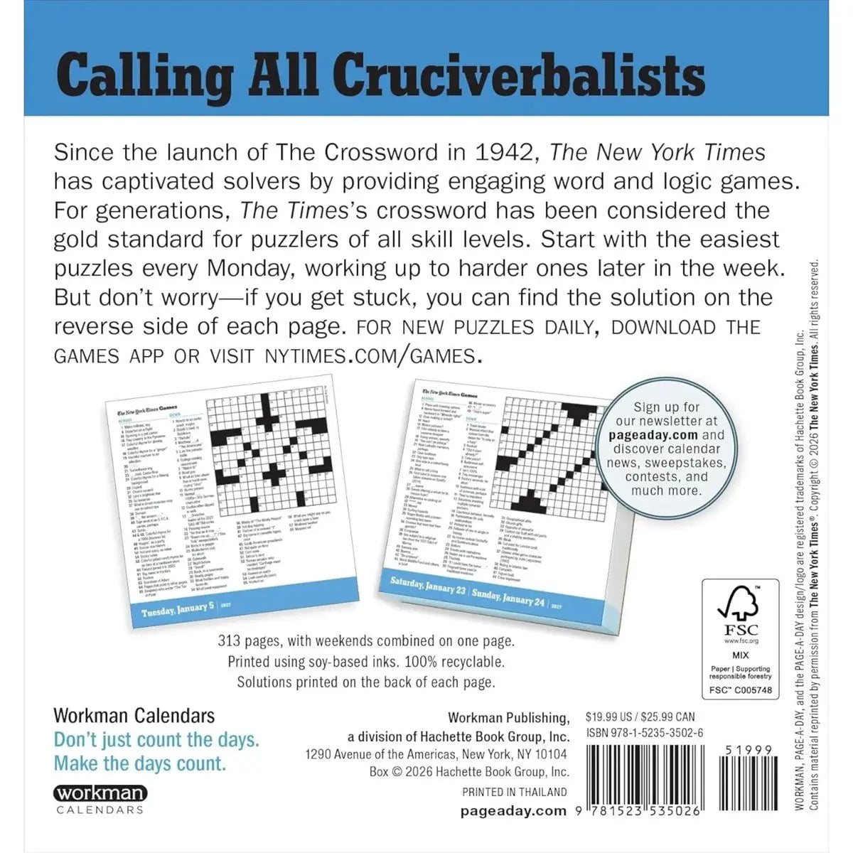 Back cover of a Workman Calendars product package featuring promotional text for 'Calling All Cruciferbalists,' a sample crossword puzzle page, a circular sign-up call, and a barcode with Workman branding.