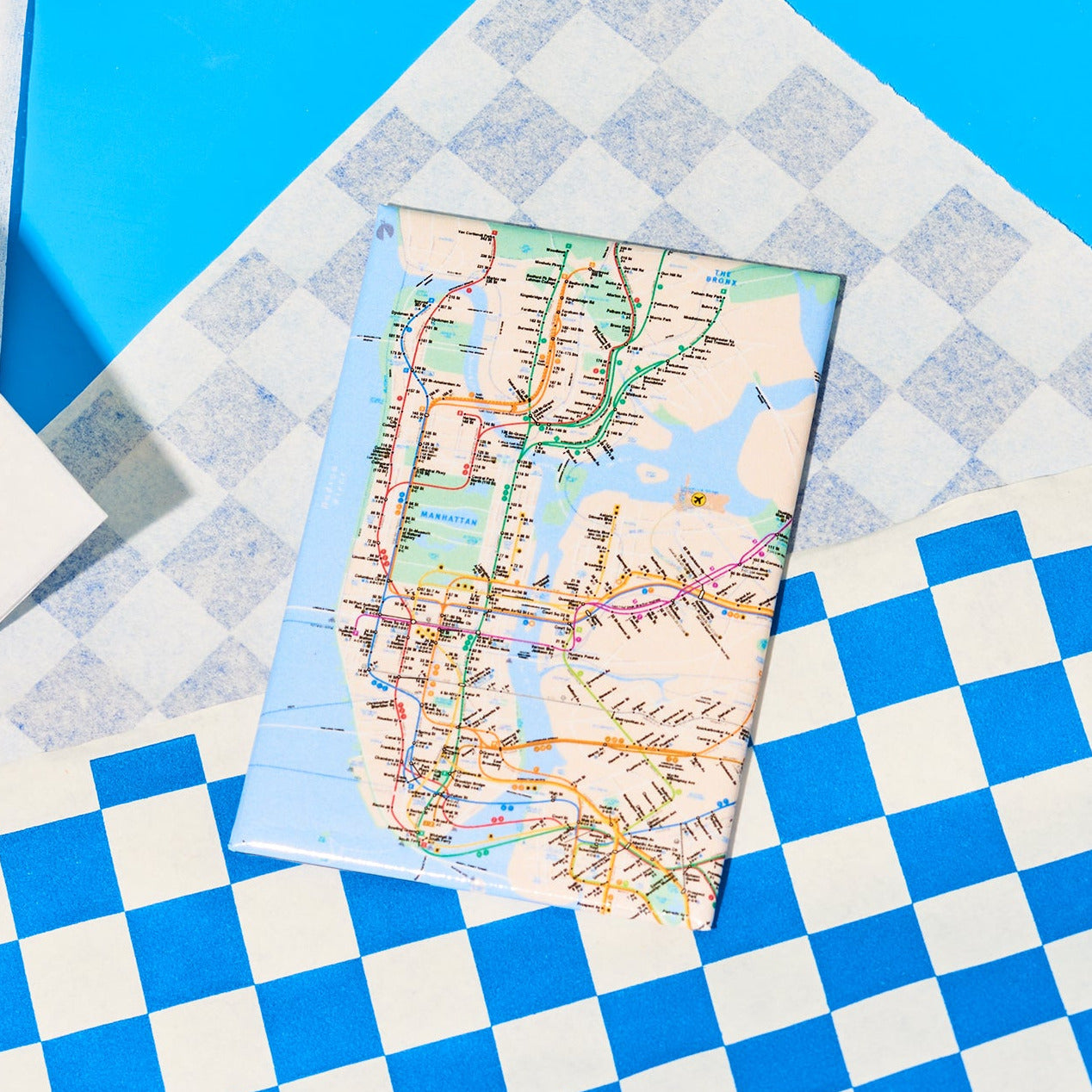 Map of a city on a blue and white checkered surface