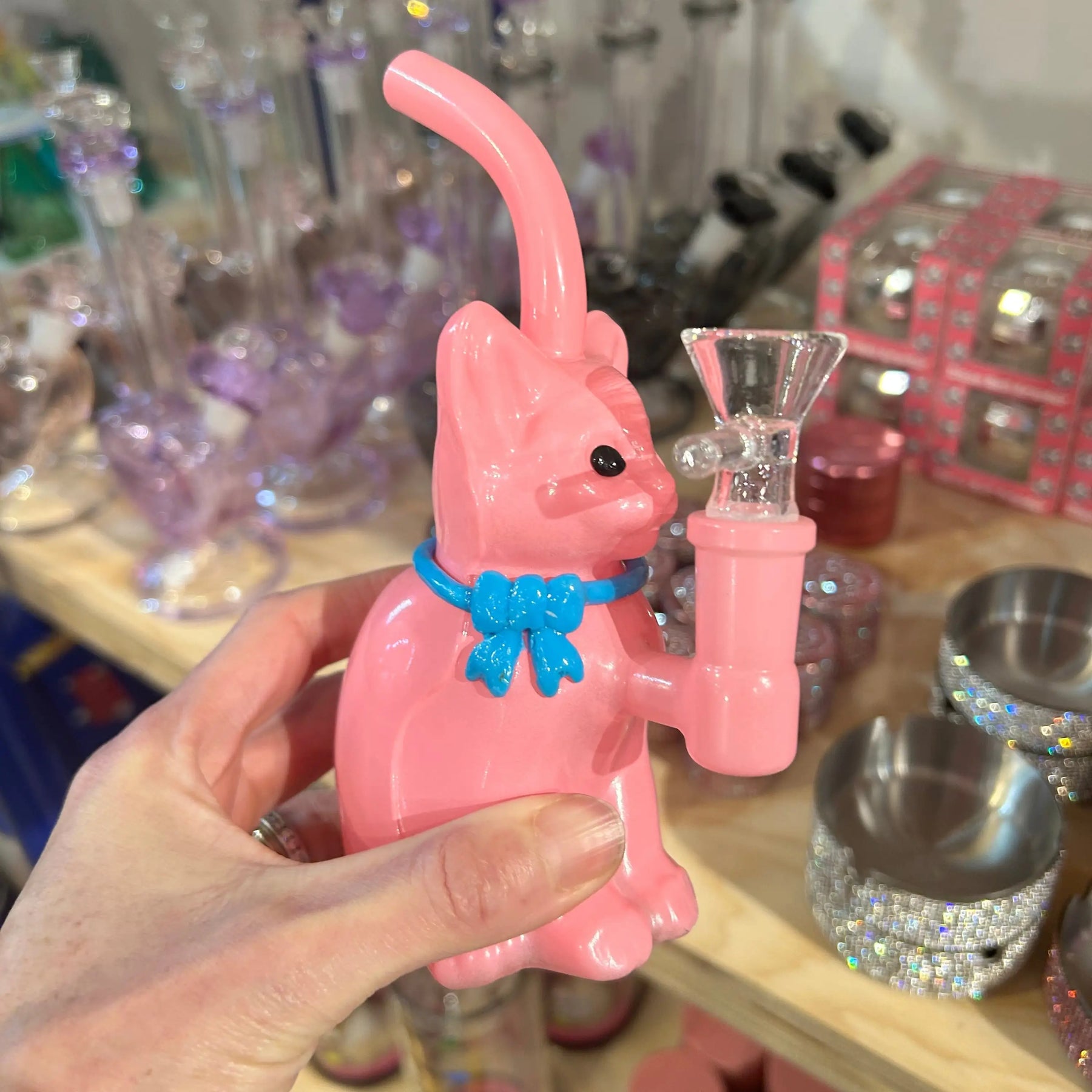 Pink Cat with Bow Bong Rhinestone Glass | Friends Nyc