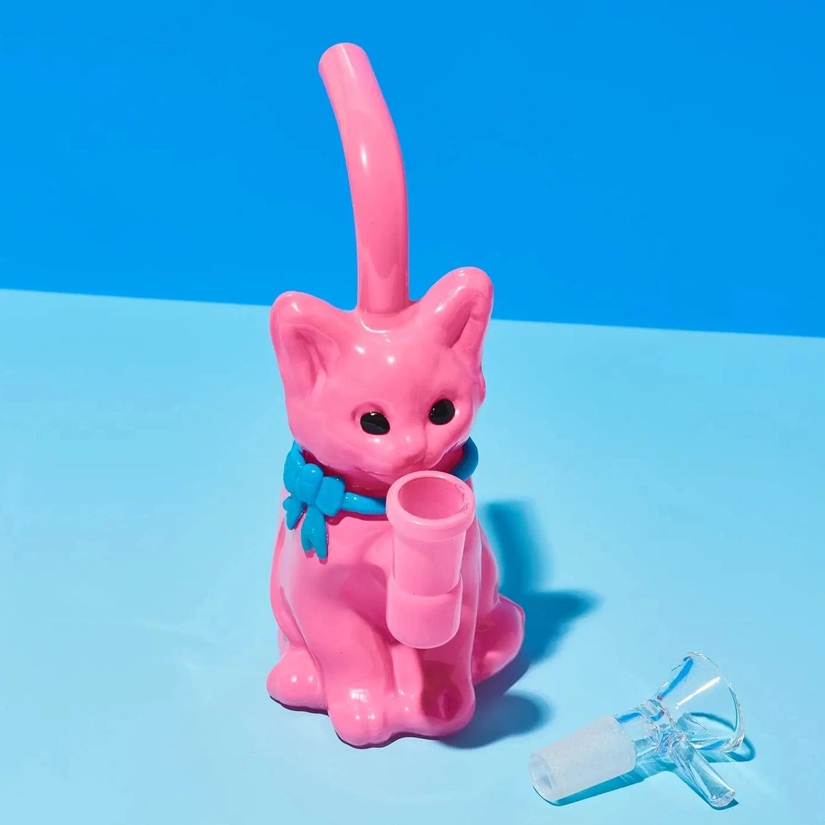 Pink cat-shaped bong with a blue bow