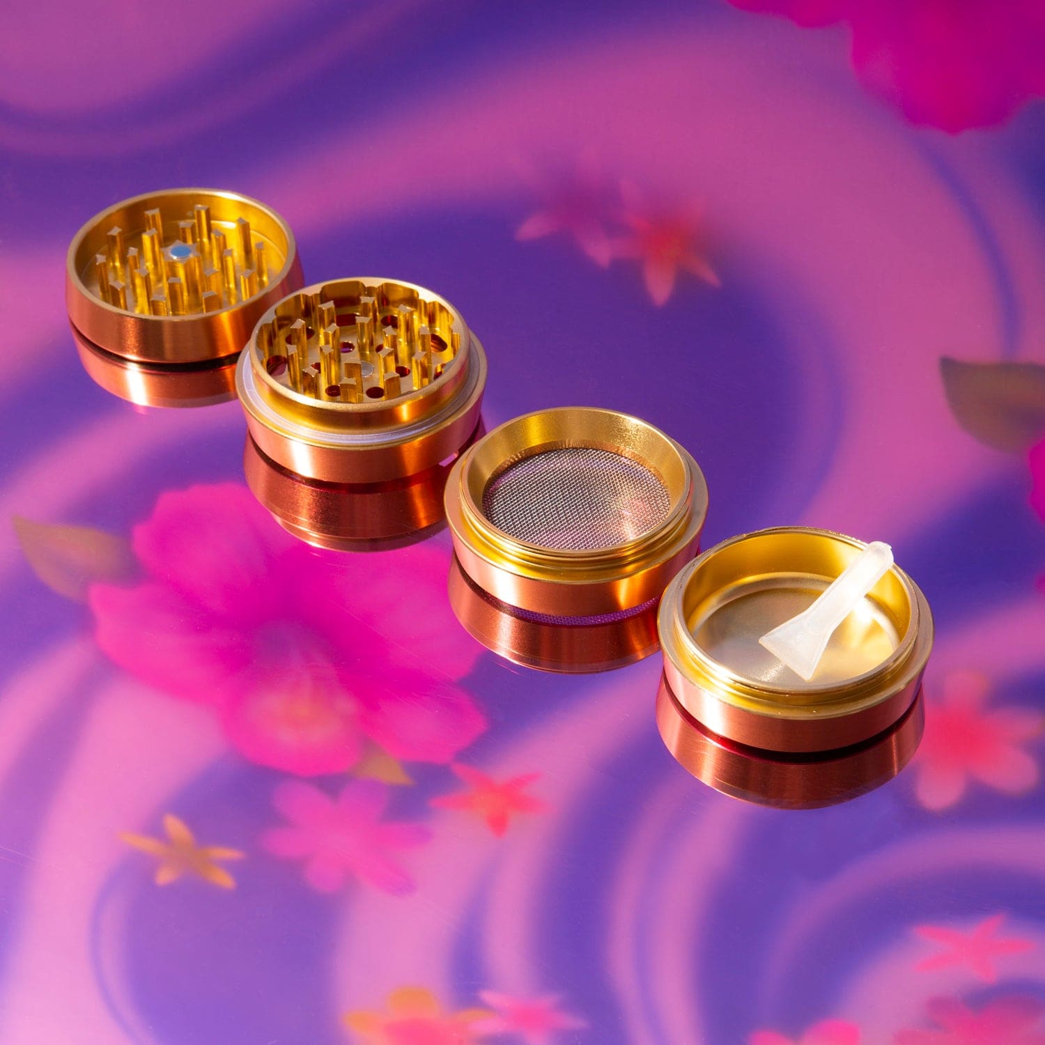 Four Tier Gold Grinder Brushed Brass - Gold - Elevated Smoke