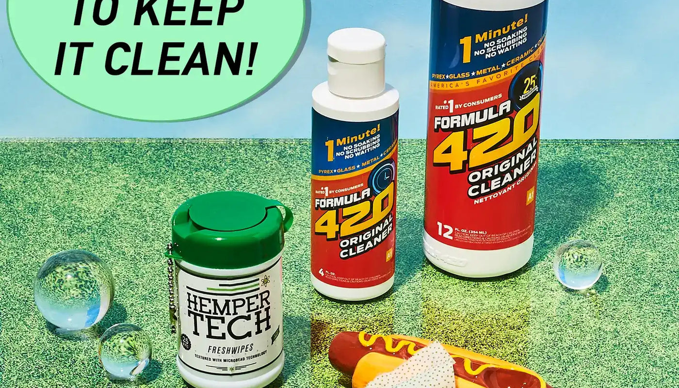 Cleaning supplies and products arranged with decorative glass beads and a toy hot dog.