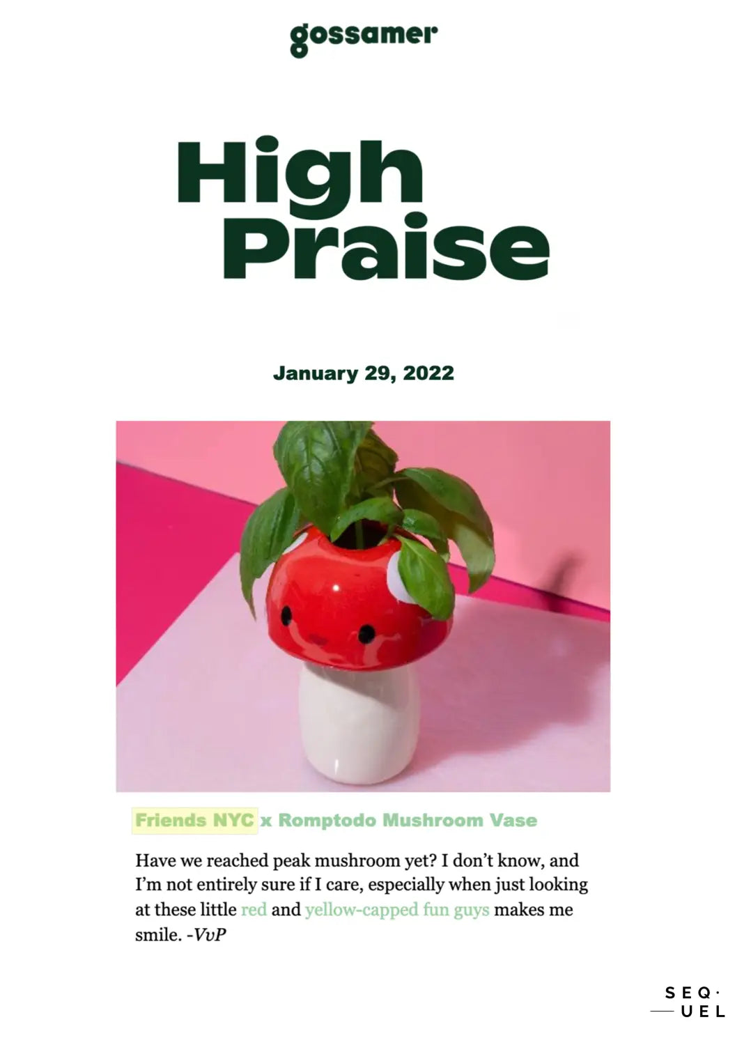 gossamer enewsletter featuring friends nyc mushroom vase