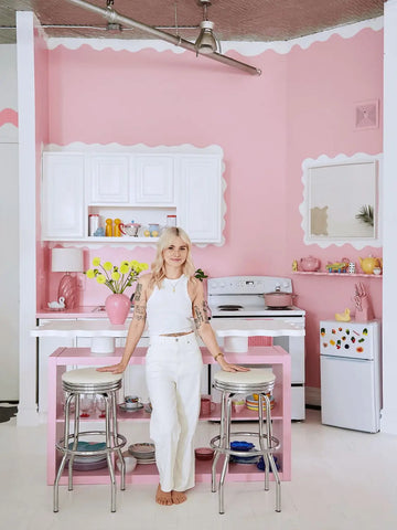 Sophie Collé's Barbiecore Aesthetic Kitchen, photographed by Belle Morizio for Domino Mag