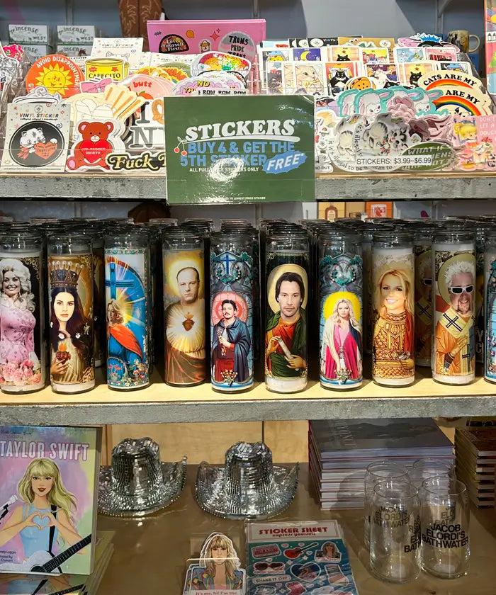 Friends NYC Brooklyn store display of celebrity themed pillar candles and other items