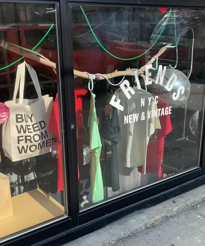 Friends NYC Brooklyn Store Window Feature showing clothes and tote bag