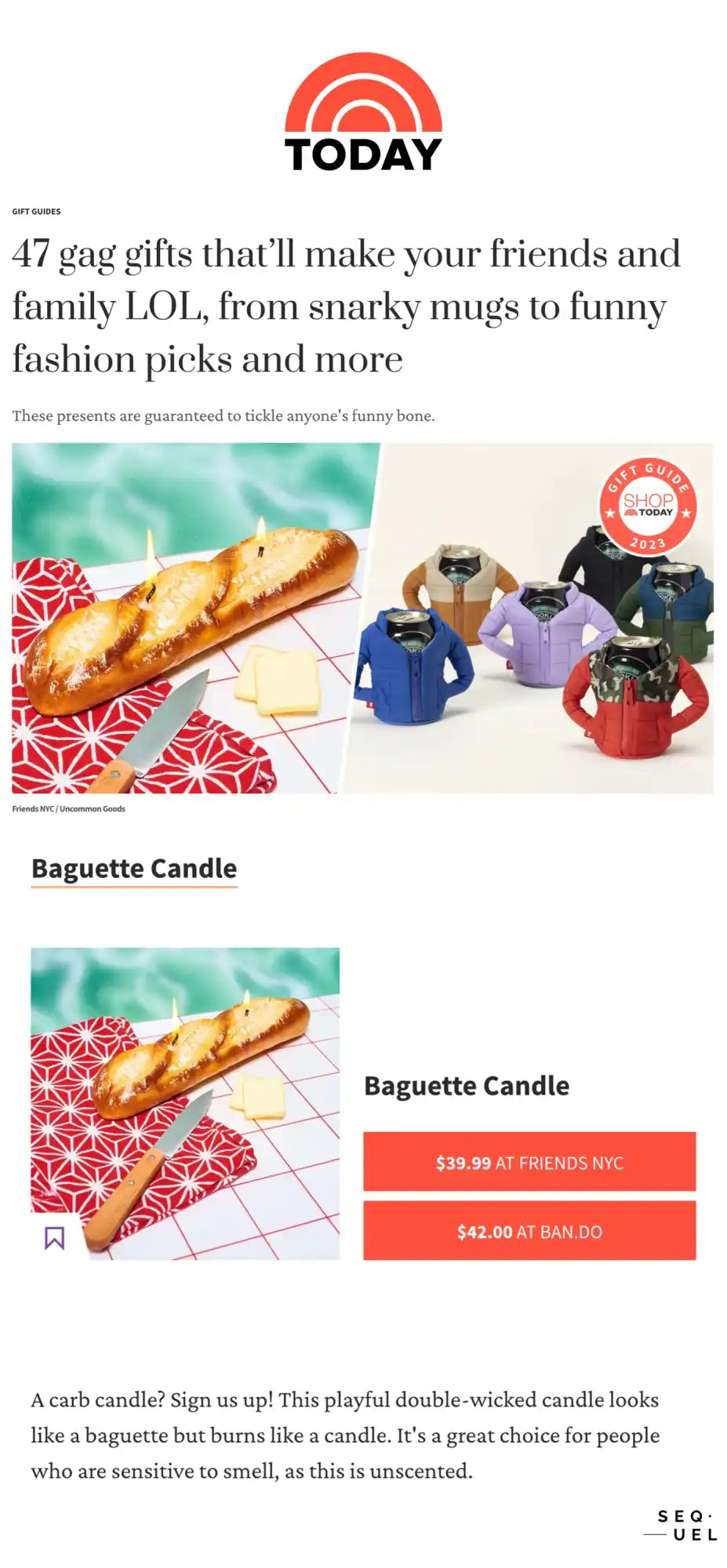 Baguette-shaped candle on a red and white patterned surface.