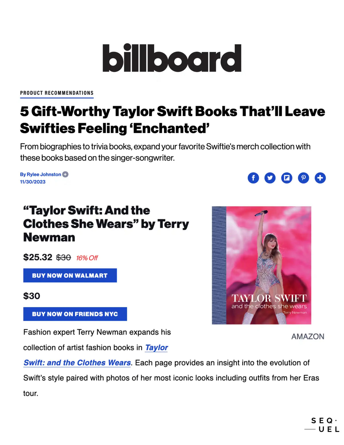 Billboard article screenshot about gift-worthy Taylor Swift books.