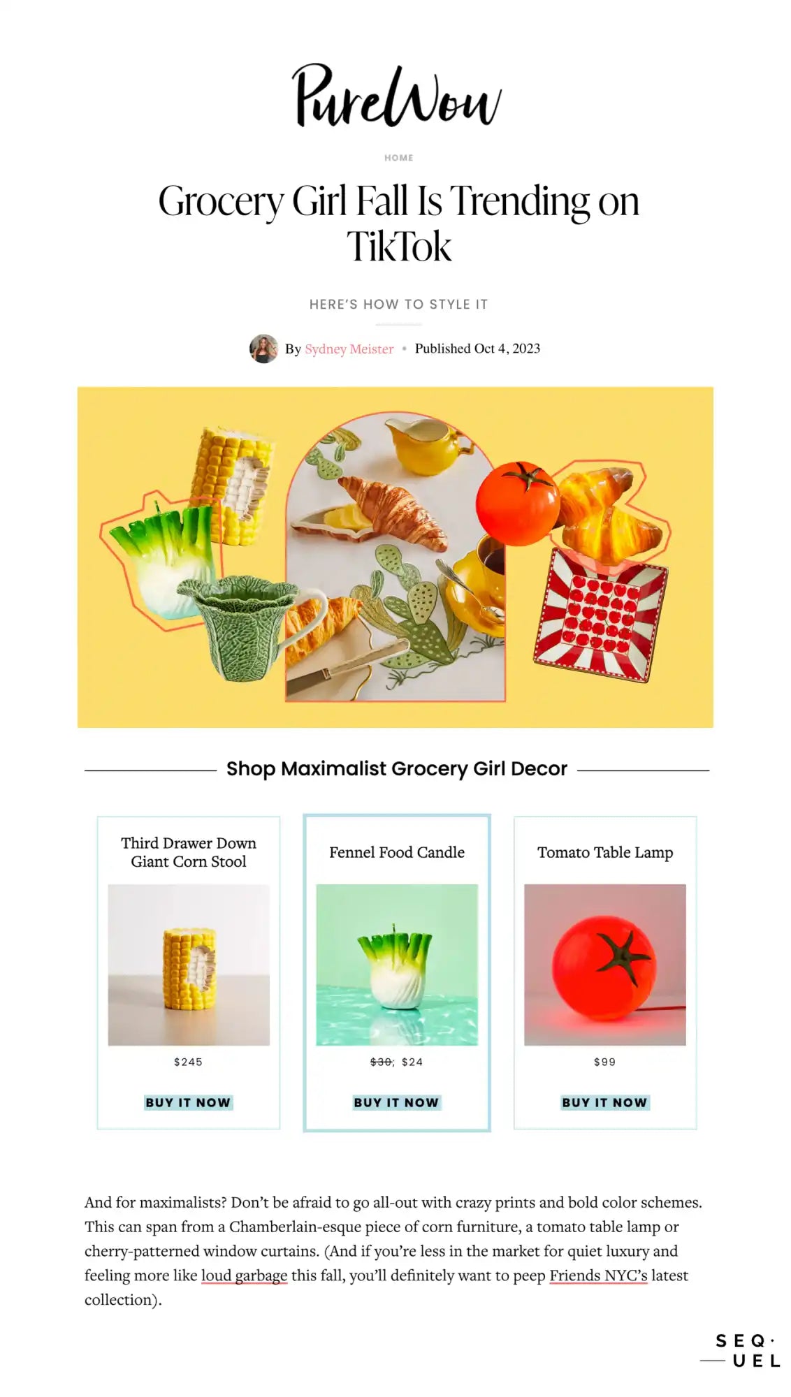 Blog post or article layout showing grocery gift decor items with a yellow header and product grid below.