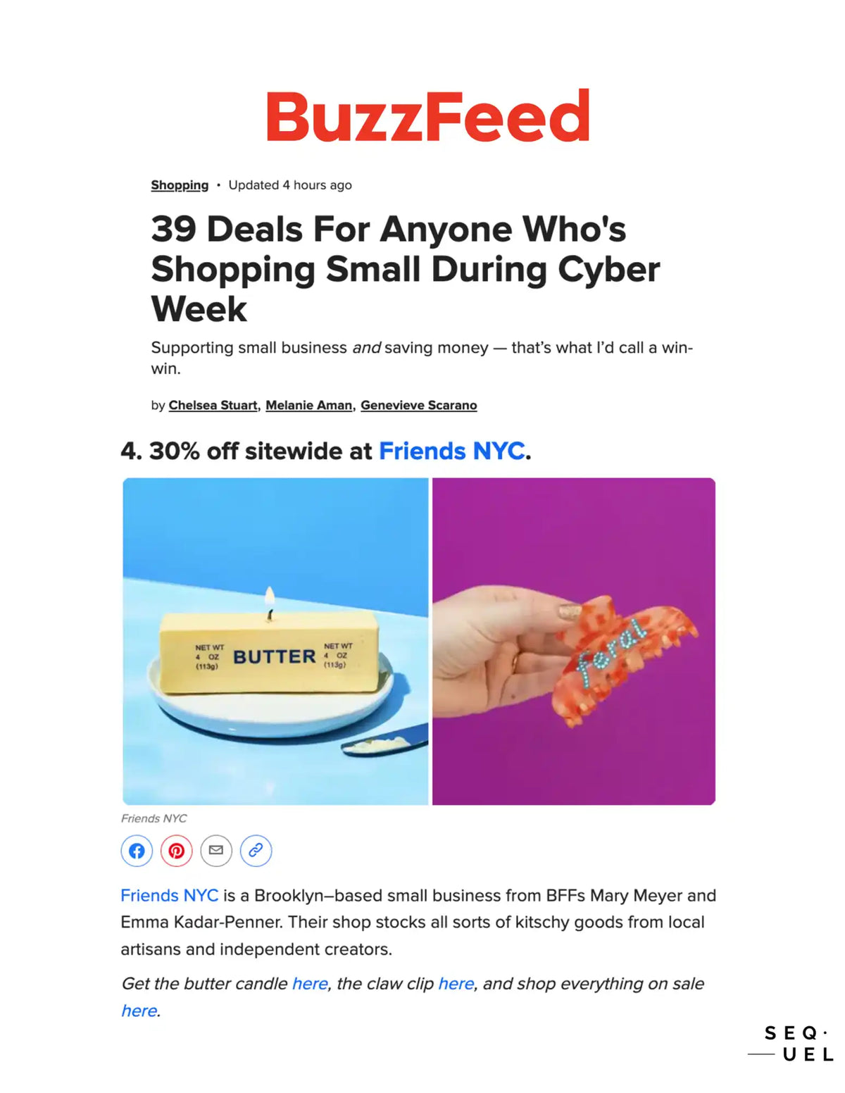 BuzzFeed article showing a Cyber Week shopping deals headline with product photos of butter and colorful candy.