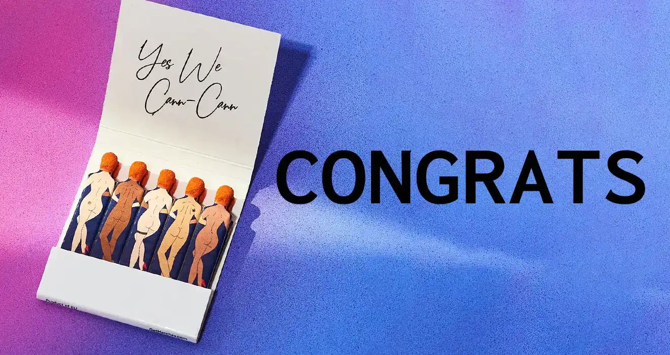 Congratulatory card featuring illustrated figures in orange and white against a gradient background.