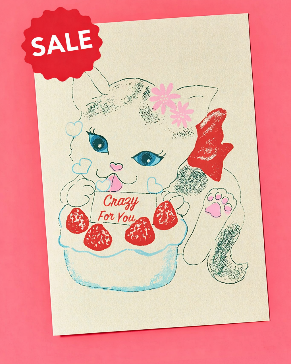 Cartoon cat illustration with decorative elements on a pink background