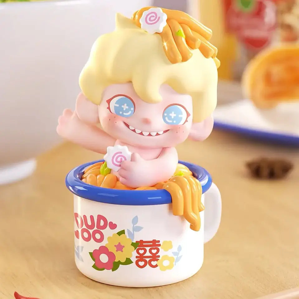 Colorful figurine with a cartoonish design on a wooden surface