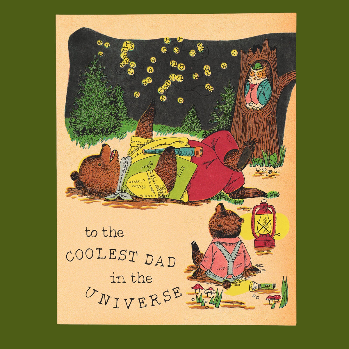 Illustration of a bear family in a forest with text 'to the COOLEST DAD in the UNIVERSE'.