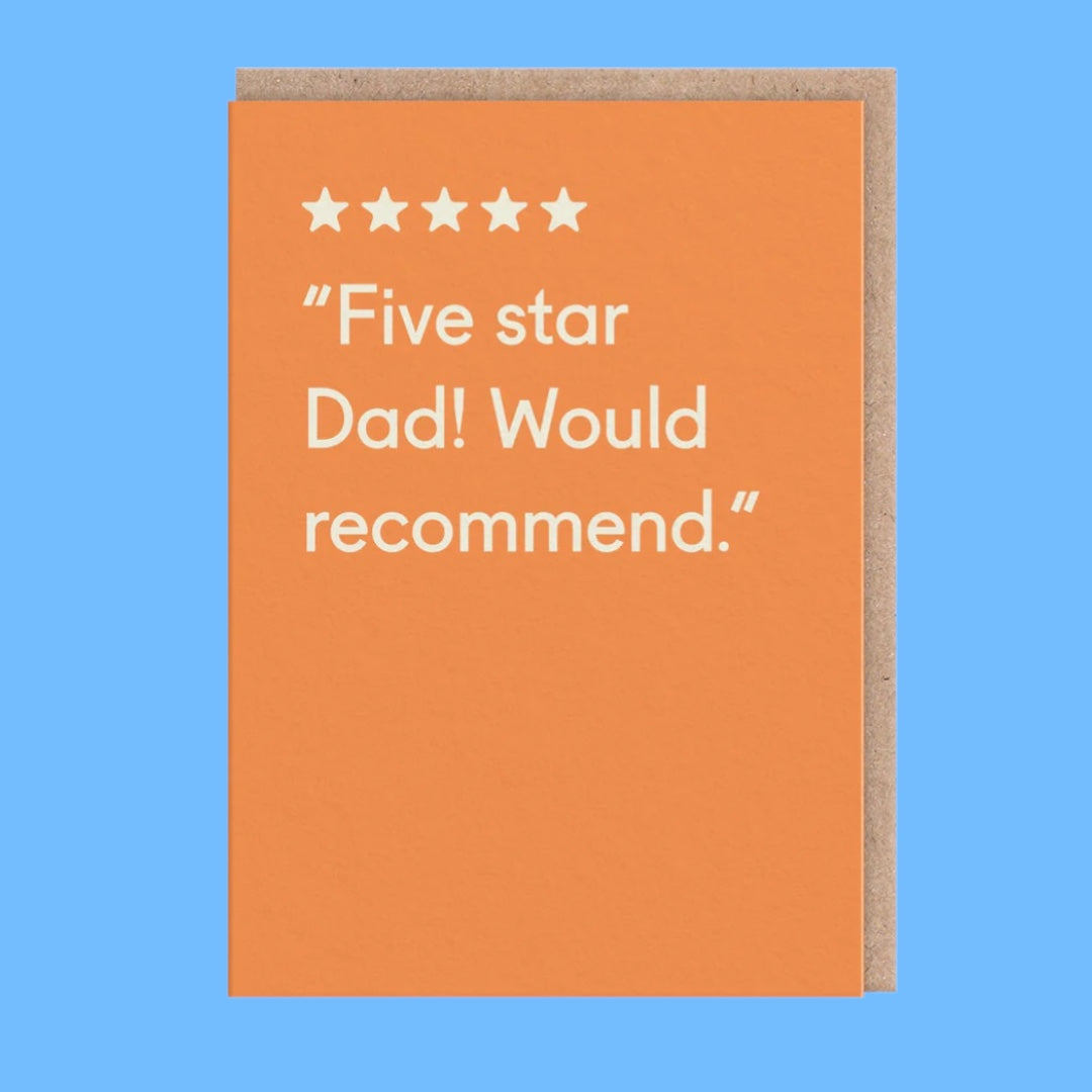 Orange card with five-star rating and text on a blue background