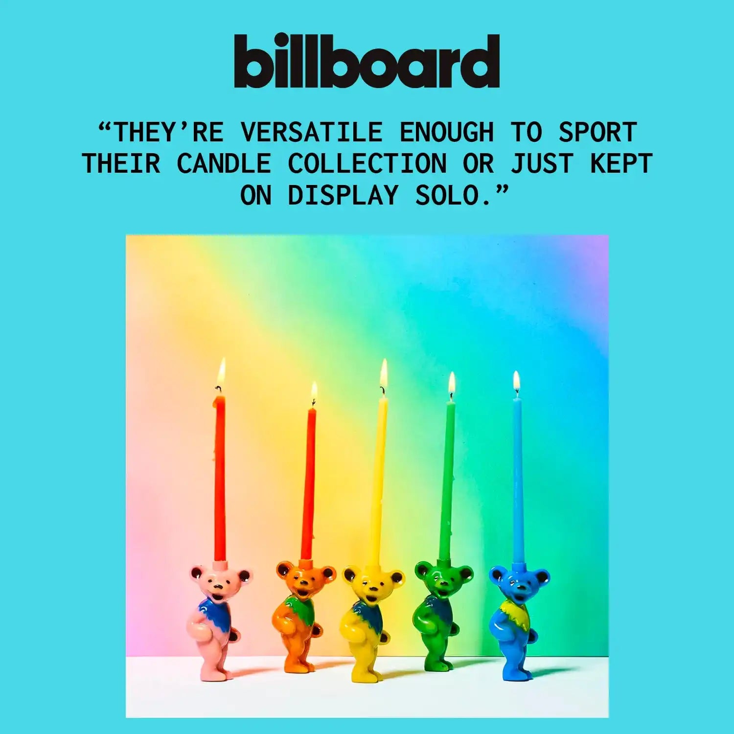 Five colorful dancing bear figures holding birthday candles arranged in a rainbow gradient line.