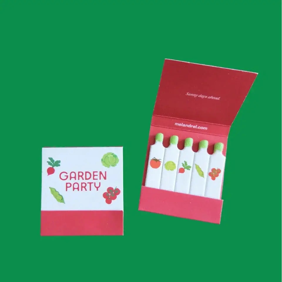 Matches with with 'Garden Party' branding on a green background