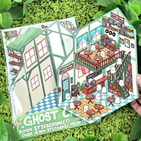 Sticker sheet with a cartoon depiction of a haunted restaurant on a green leafy background
