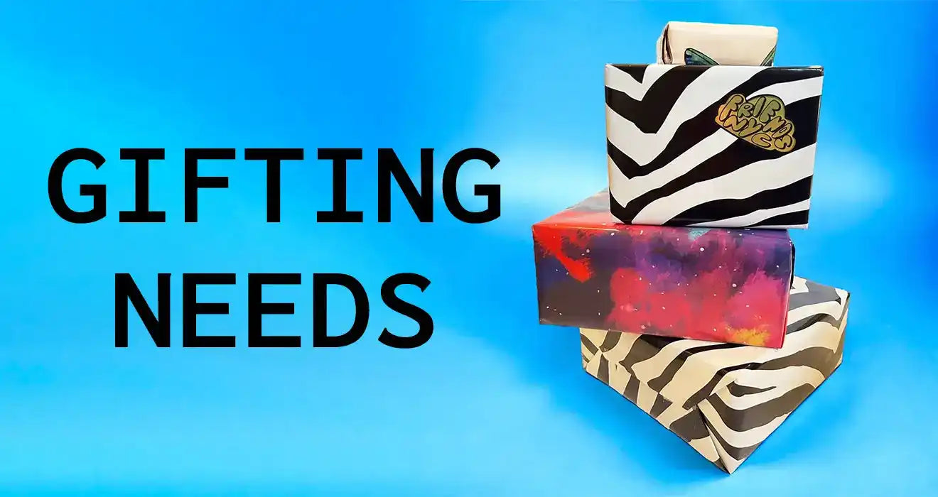 Gift boxes with zebra stripes and colorful patterns against text reading ’GIFTING NEEDS’