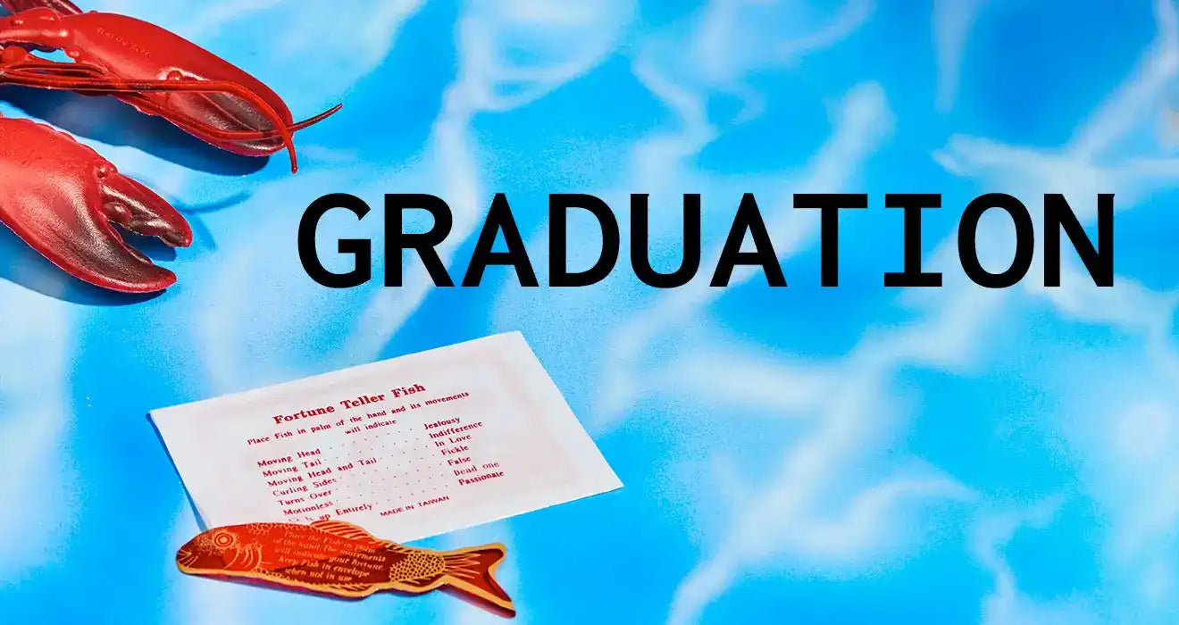 Graduation text appears with red lobsters and a diploma card against a blue backdrop.