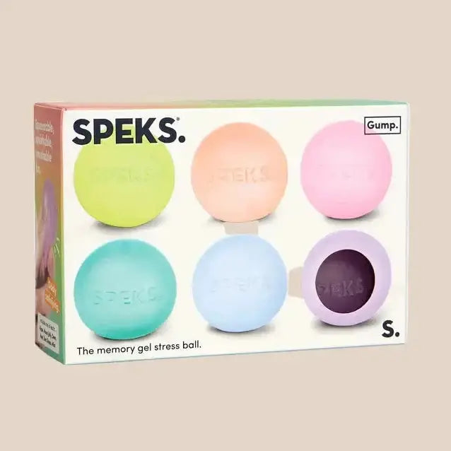 Speeks memory gel stress ball set in pastel colors with packaging on a white background