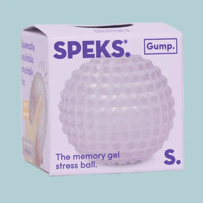 Purple packaging of a stress ball with 'Speks' branding on a white background